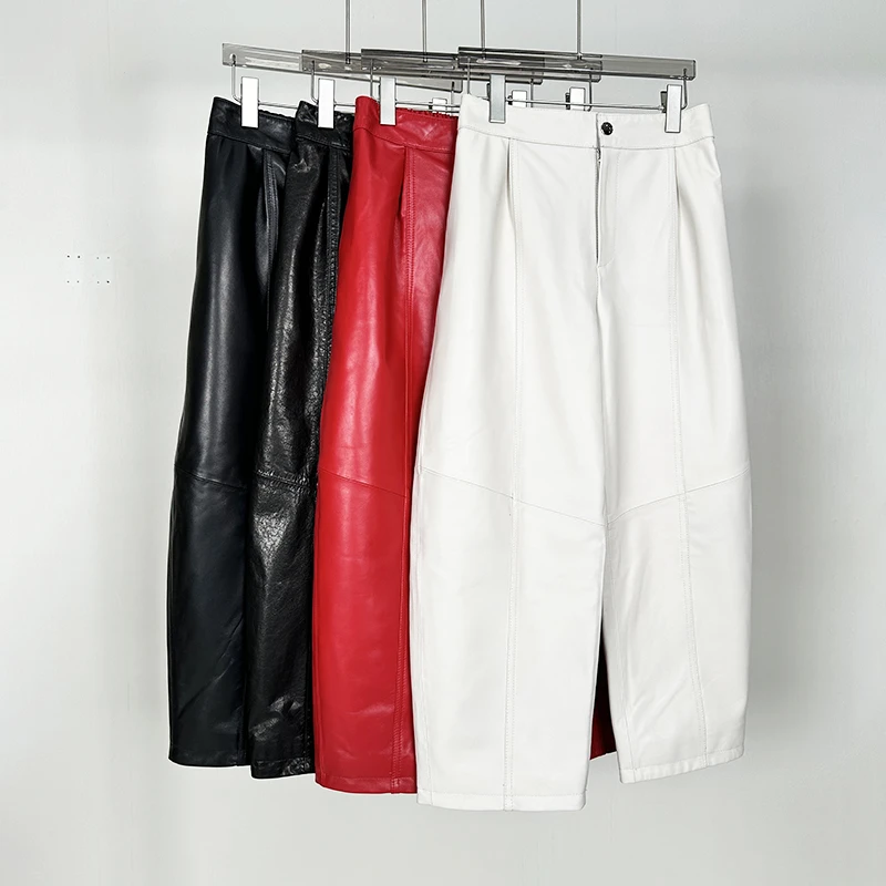 2025秋季新款真皮皮裤女时尚百搭休闲松紧腰长裤绵羊皮弯刀九分裤