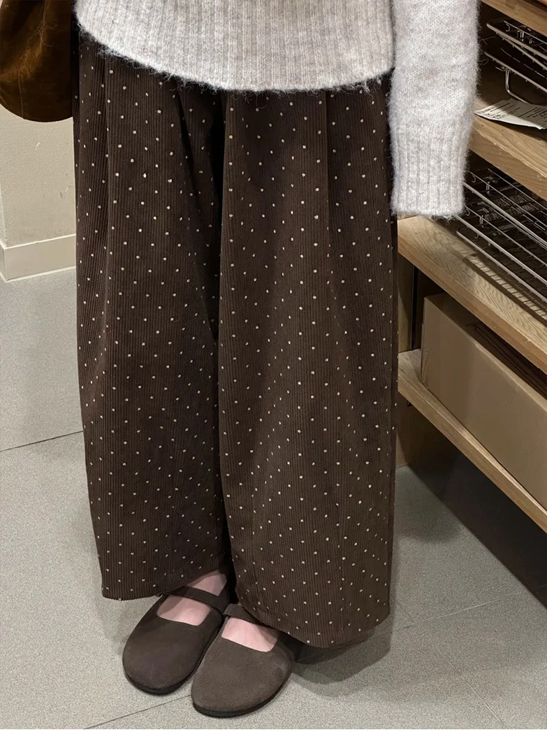 棕咖色加绒加厚波点裤子女胖mm大码灯芯绒阔腿裤小个子九分休闲裤