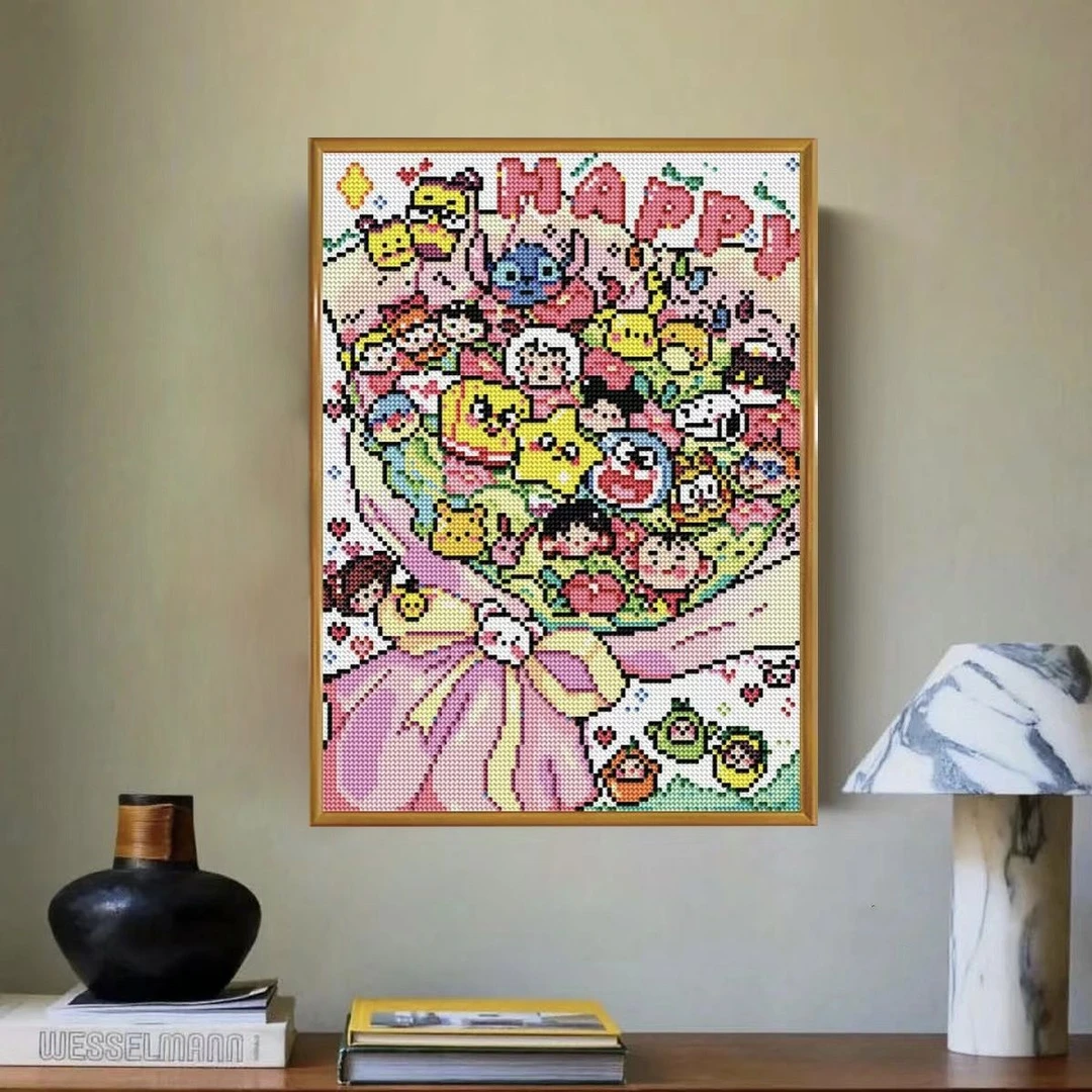 （钻石贴画）动漫卡通花束diy儿童钻石画卧室带框生日快乐钻石画