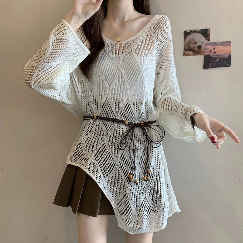 春装新款2025不规则菱格镂空针织衫设计腰带收腰上衣