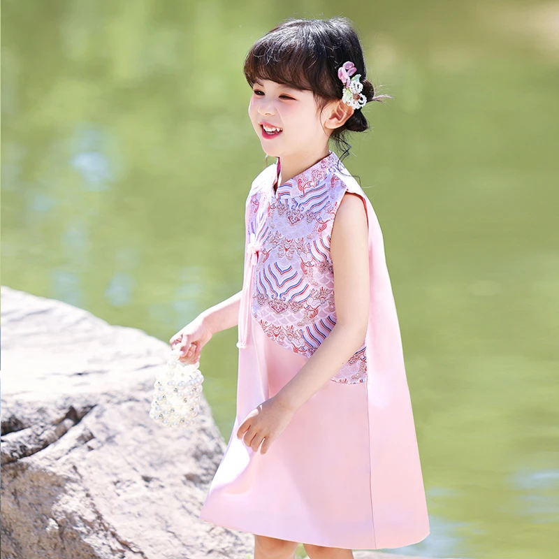 女童旗袍2025夏季新款粉色背心裙小女孩生日中国风复古唐装公主裙