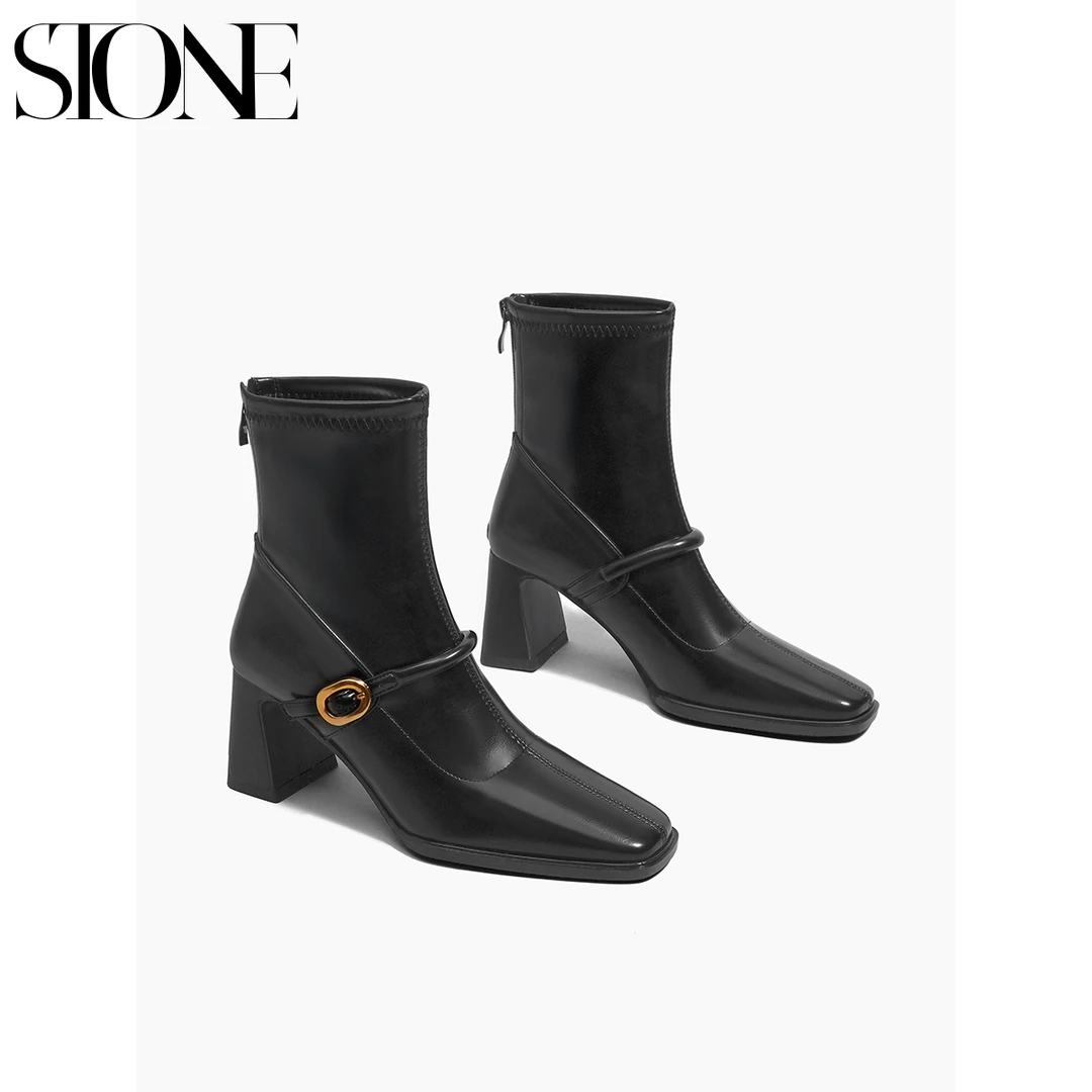 石头家复古方头高跟短靴女后拉链金属扣粗跟弹力瘦瘦靴法式小踝靴