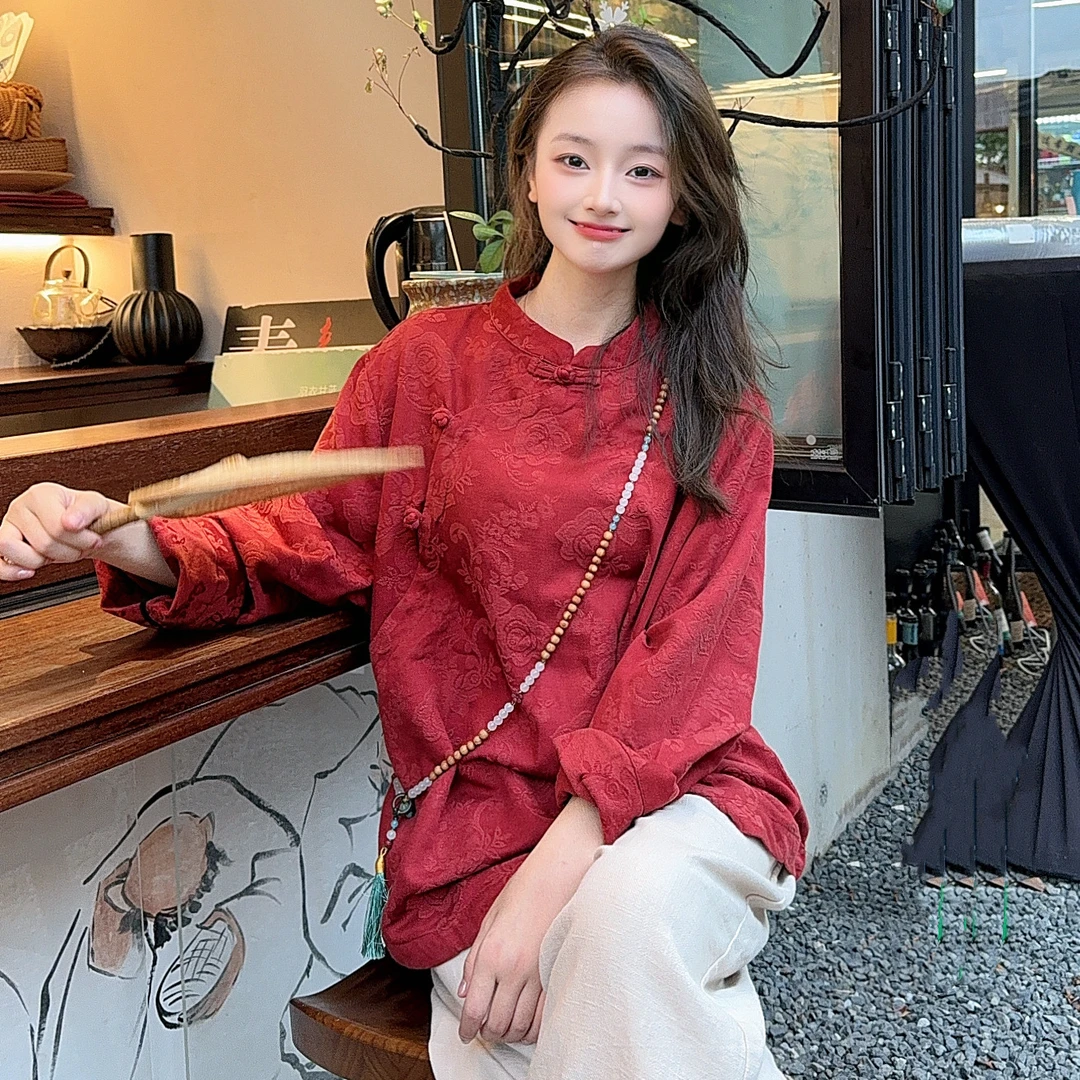 新中式国风设计款立领盘扣斜襟提花女士衬衫上衣禅意茶服秋季新款
