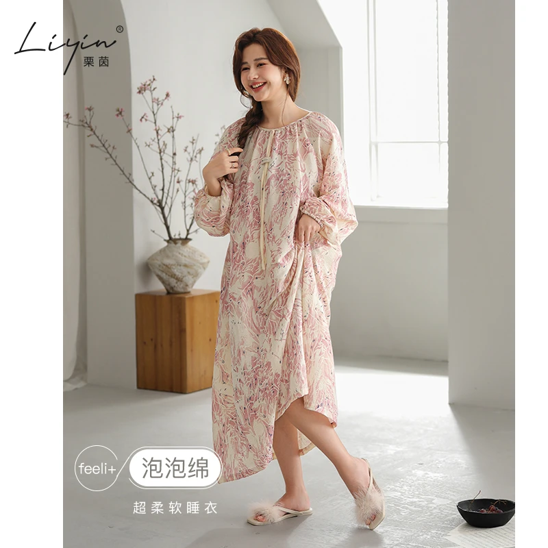 栗茵小众设计师新款泡泡绵女士睡衣春秋长袖少女睡裙可外穿连衣裙