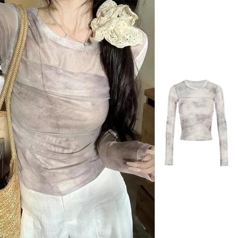 Moses Queen/魔西女王水墨画晕染设计感长袖T恤微透性感抽褶上衣