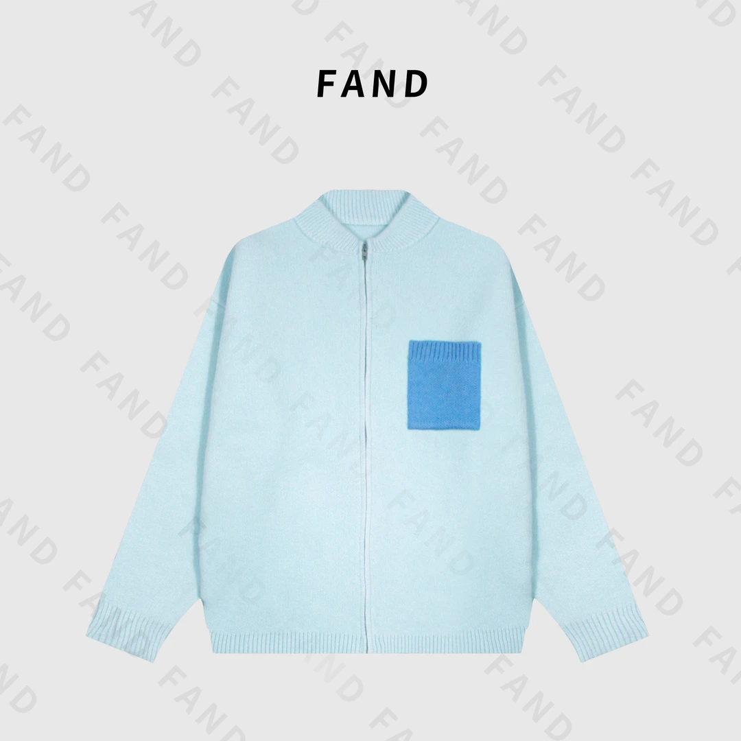 FAND妍妍【小香蓝蓝】秋冬时尚口袋拼色纯色圆领开衫外套毛衣针织衫