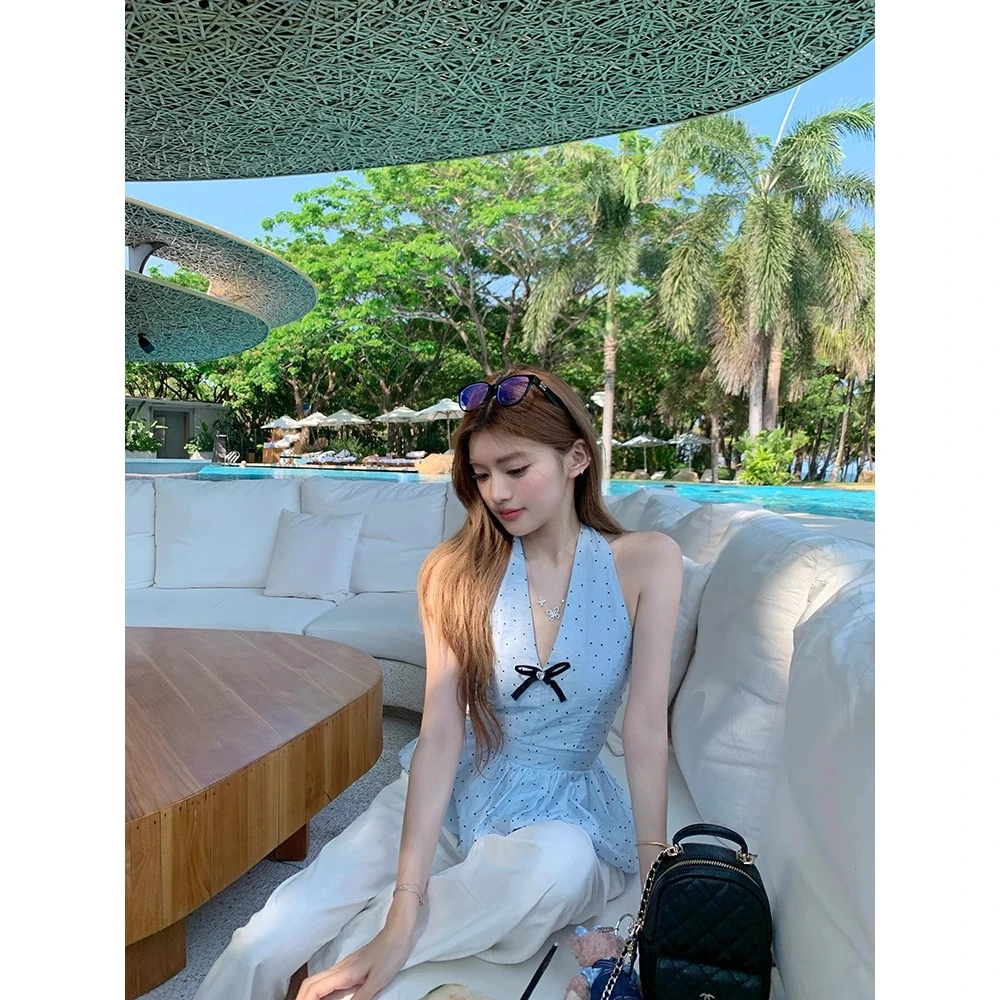 韩系纯欲风蓝色波点上衣修身显瘦花苞下摆挂脖上衣女夏无袖小衫