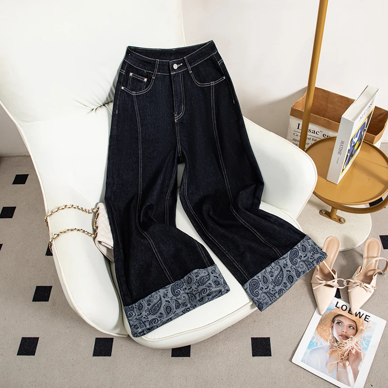 印花牛仔裤女直筒九分裤2025休闲百搭高腰显瘦设计感宽松裤9839