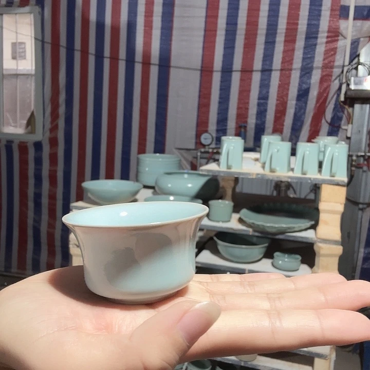 摆件汝瓷马蹄杯圈足烧天青釉