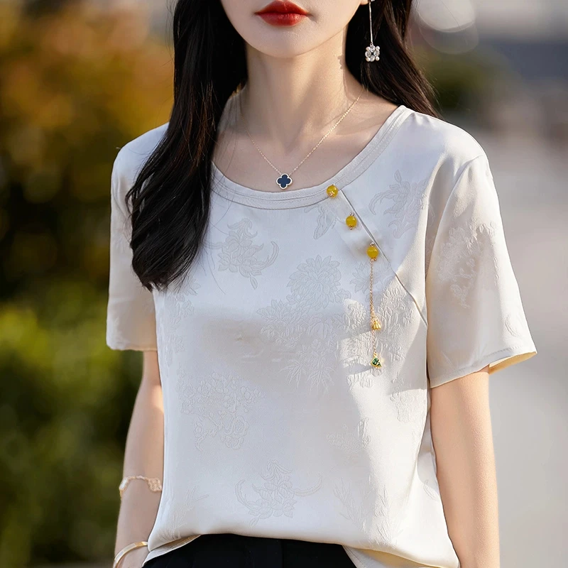 新中式缎面提花衬衫女夏季圆领修身显瘦短袖体恤白色薄款薄款