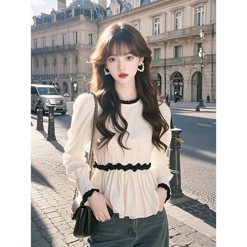 法式甜美白色长袖衬衫女秋季2025新款高级感小众独特打底收腰衬衣
