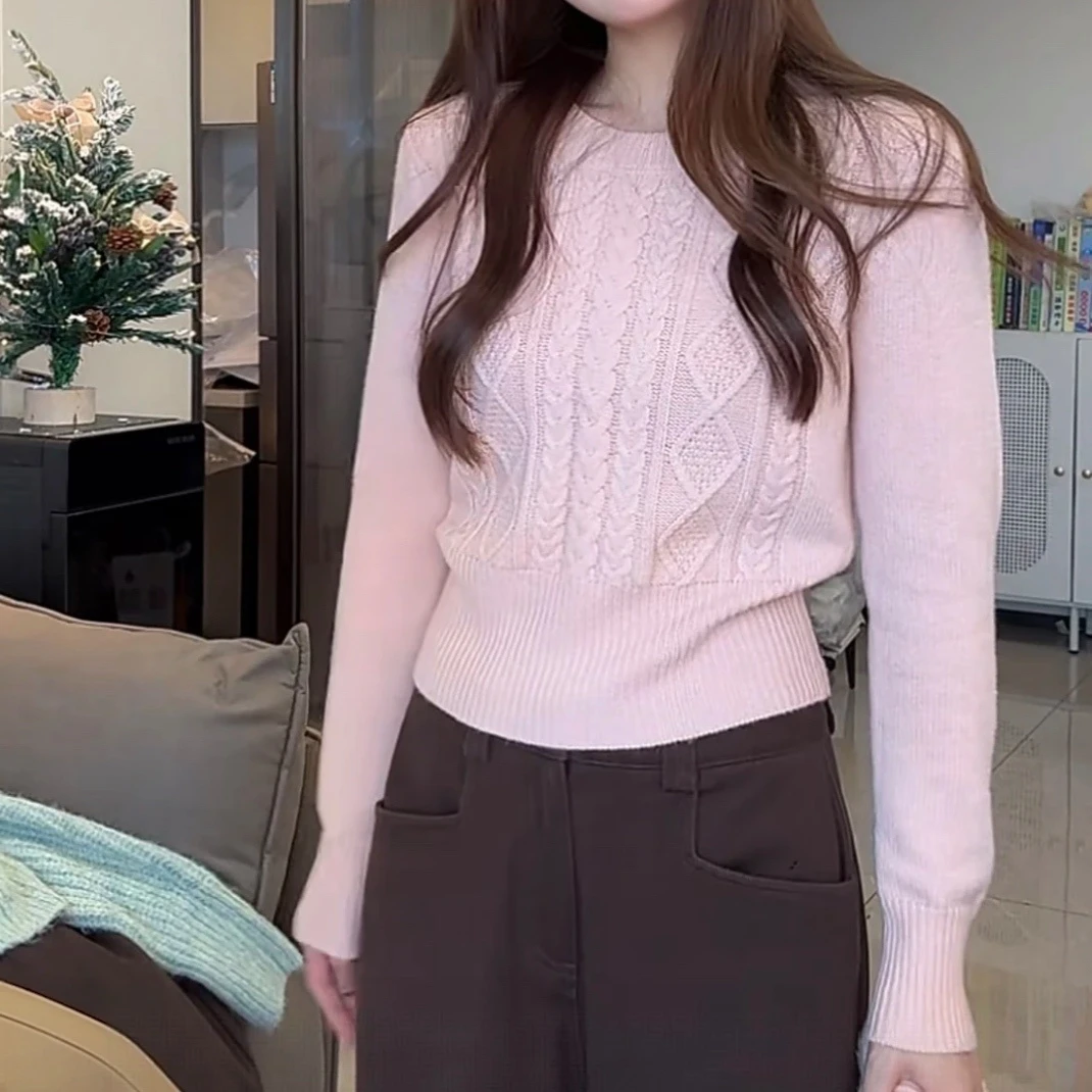 【蔷薇之恋】重工钩花纹理毛衣针织衫冬季新款时尚长袖粉色掐腰毛衣
