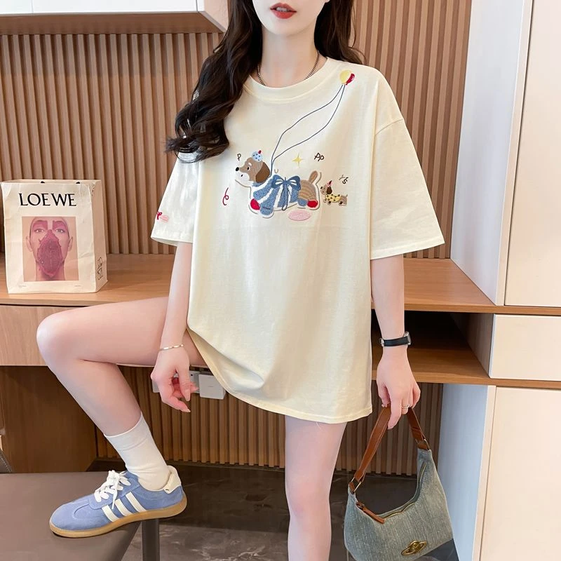 拼接刺绣短袖大码t恤女式小众休闲韩版ins风纯棉时尚百搭设计感