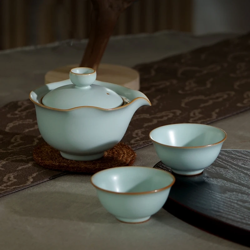 汝窑自在旅行茶具套装便携式快客杯景德镇复古陶瓷