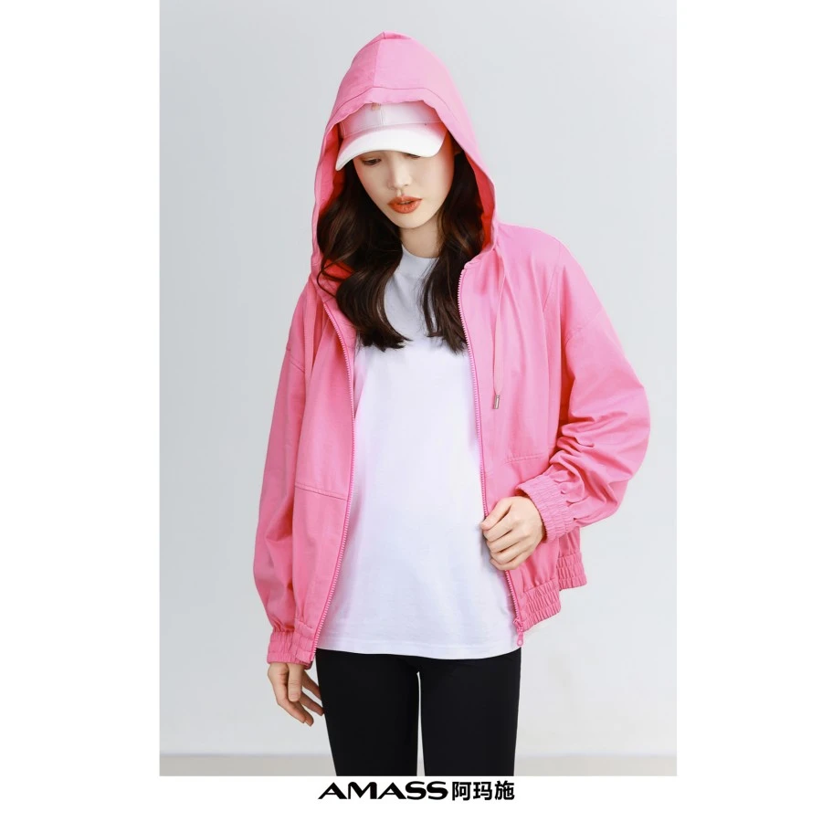 AMASS/阿玛施540002新款撞色设计下摆松紧宽松版拉链连帽夹克外套