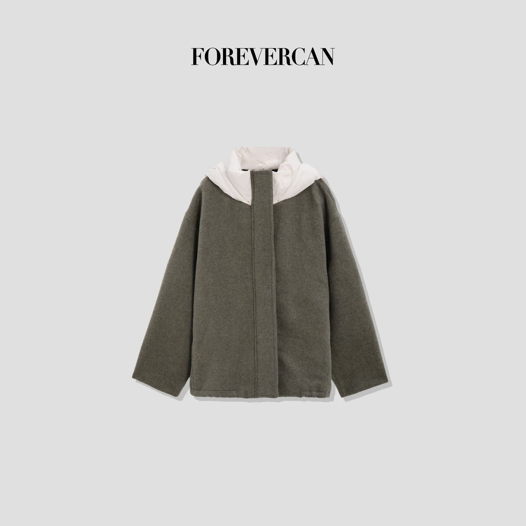 FOREVERCAN“翡冷翠”连帽拼接毛呢棒球羽绒外套 SC22357
