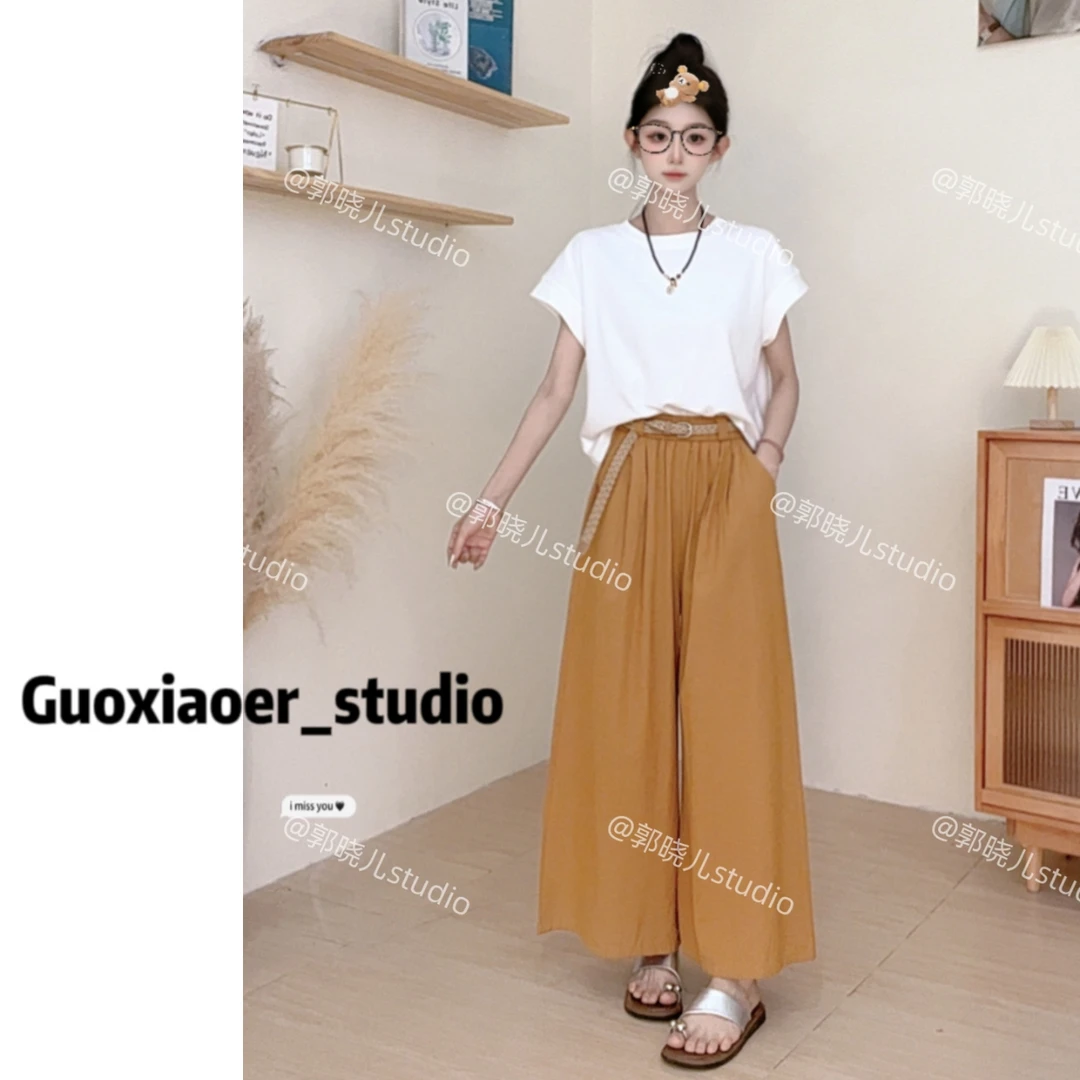 【送腰带】2025富夏季麻料九分阔腿裤纯色腰带宽松显瘦百搭简约
