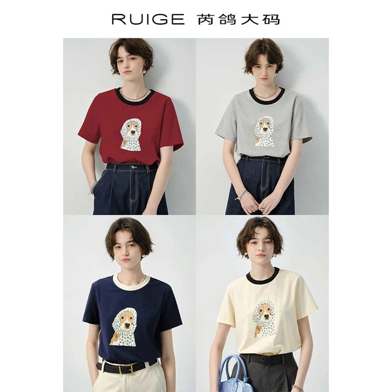 芮鸽微胖定制短袖正肩T恤微胖夏印花遮肚显瘦圆领胖mm上衣0243LW