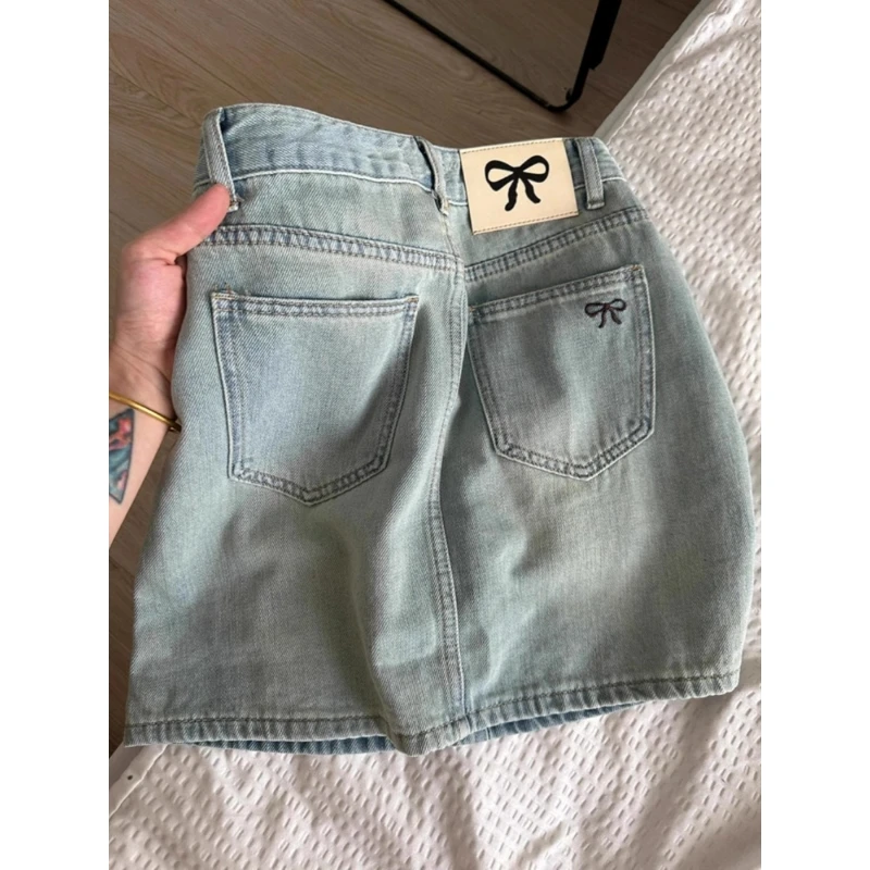 美式复古蝴蝶结刺绣牛仔半身裙女春季辣妹包臀超短裙a字显瘦裙子