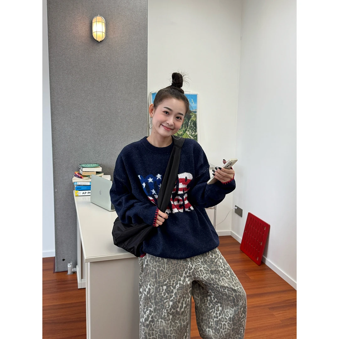 19studio WAYNEPRINCE美式复古圆领宽松毛衣情侣百搭字母刺绣上衣
