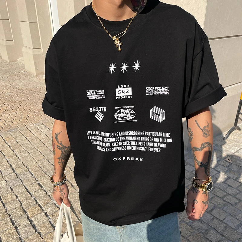 OXFREAK 「印花集合 六芒星」美式赛车元素短袖t恤男宽松圆领半袖
