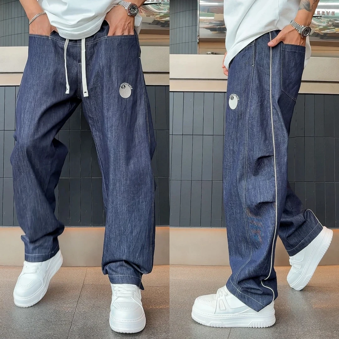 【语乐3店】135不褪色台球牛仔裤刺绣黑8夏季薄款明线弯刀休闲裤071