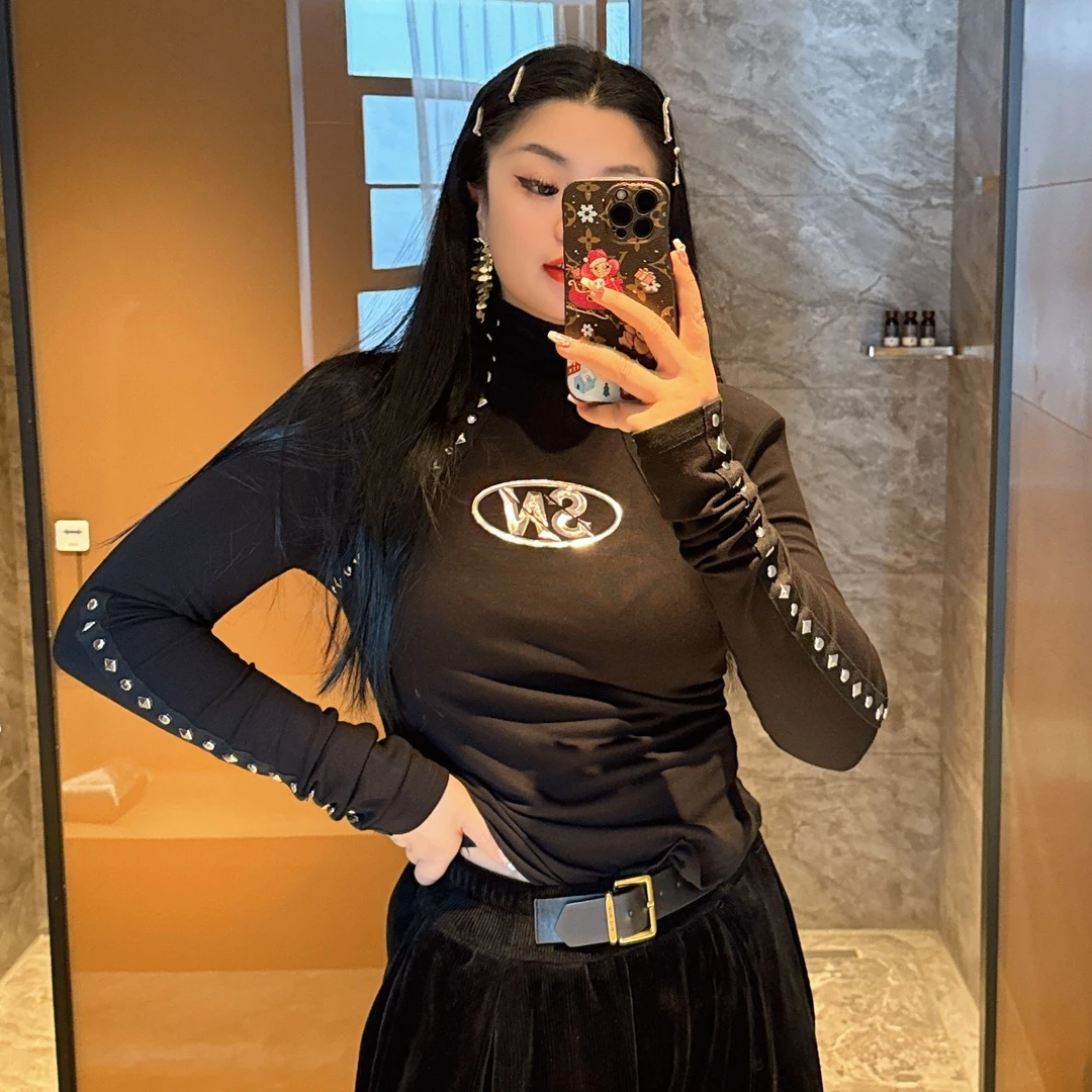 「鞠环环150斤显瘦穿搭推荐」柳丁插肩织带长袖正肩修身收腰女T恤