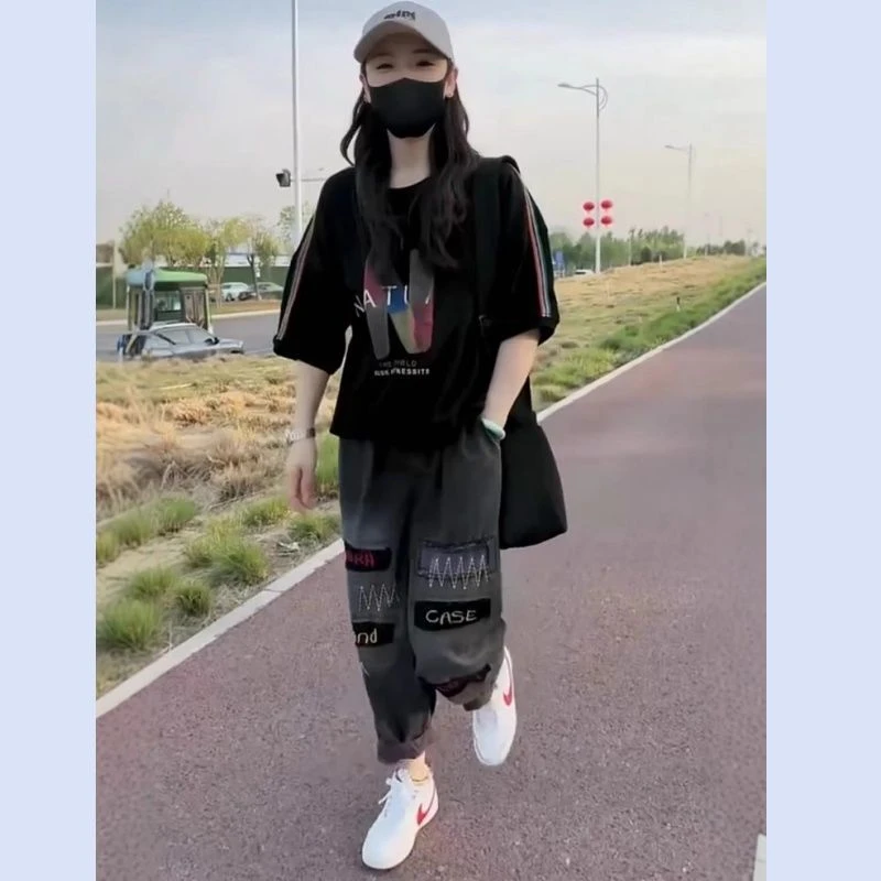 洋气休闲装新款两件套装女2025年夏季新款字母印花T恤+薄款牛仔哈