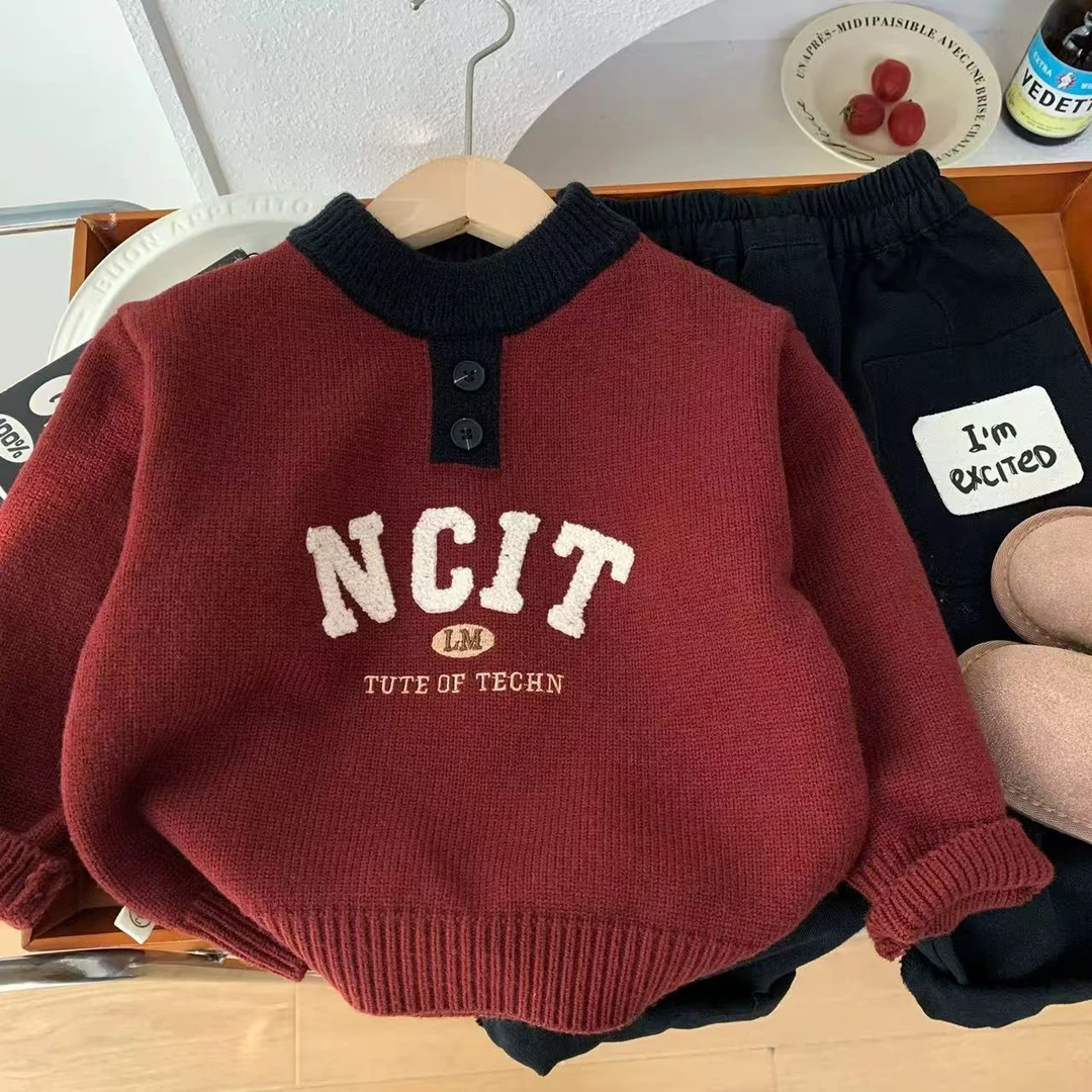 男童圣诞红色新年韩版毛衣加厚2025秋冬季新款儿童针织衫刺绣上衣