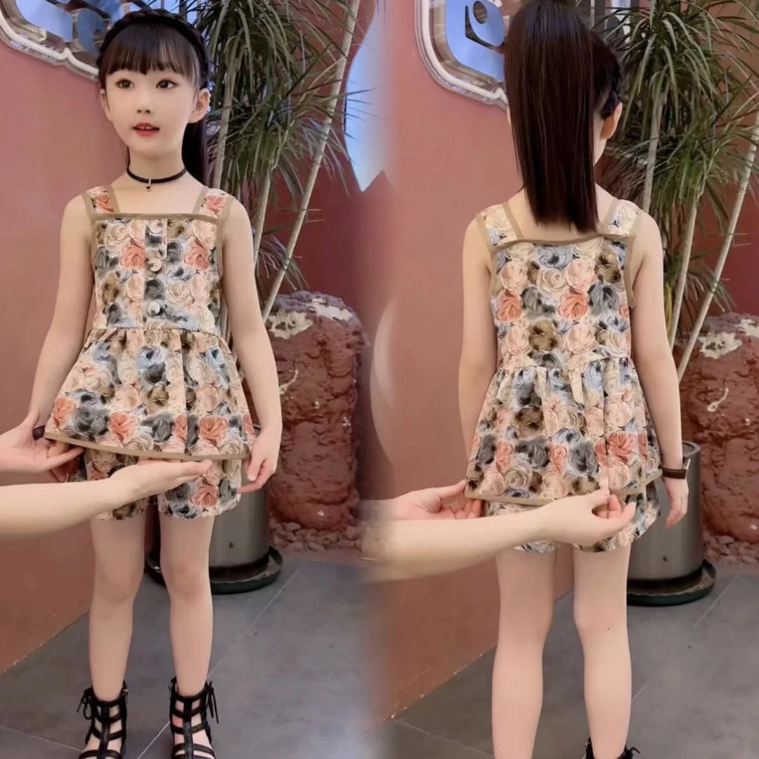 2025新款夏季休闲风女童韩版薄款印花少女风洋气公主玫瑰花套装