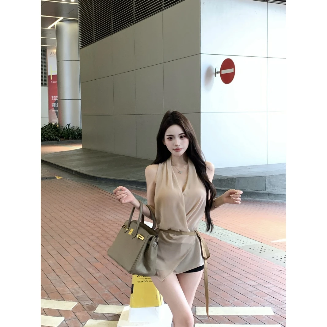 纯欲清冷感V领配腰带雪纺挂脖背心女法式露肩轻熟风显瘦无袖上衣