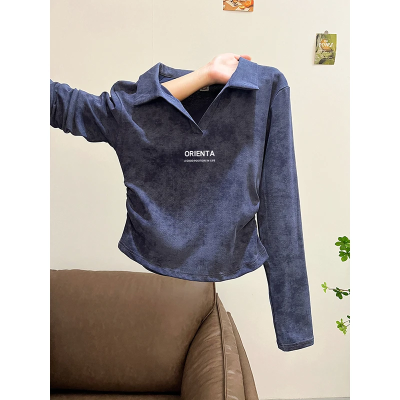 2025早秋新款美式扎染polo领长袖t恤女高级感甜辣修身打底衫上衣
