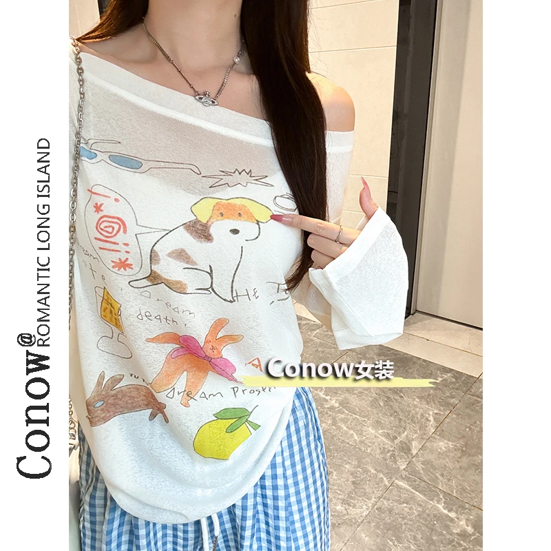 夏季新款时尚可爱卡通字母动物印花T恤女慵懒风长袖防晒罩衫
