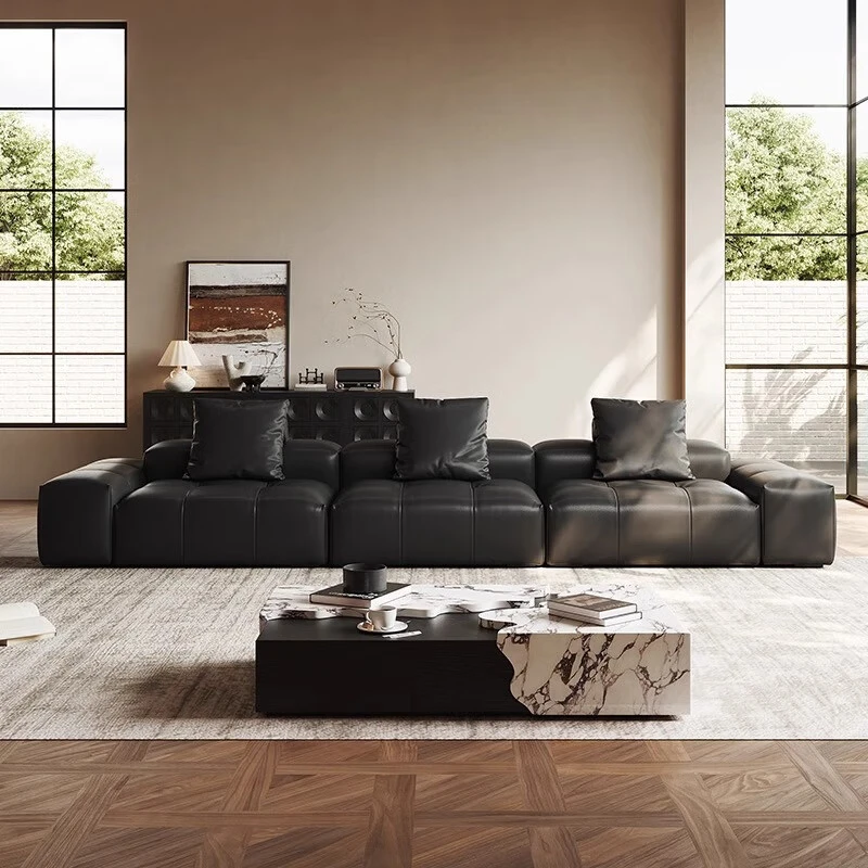 素沙发意式极简直排真皮沙发大平层别墅客厅全