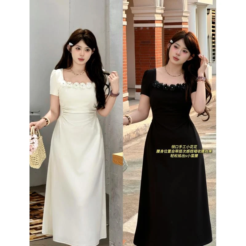 现货【千惠】欧若风胖mm春季花边抹胸收腰显瘦通勤短袖连衣裙02255D