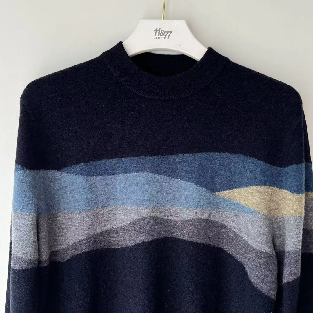 100%绵羊毛 条纹亲肤圆领条纹拼色长袖羊毛衫