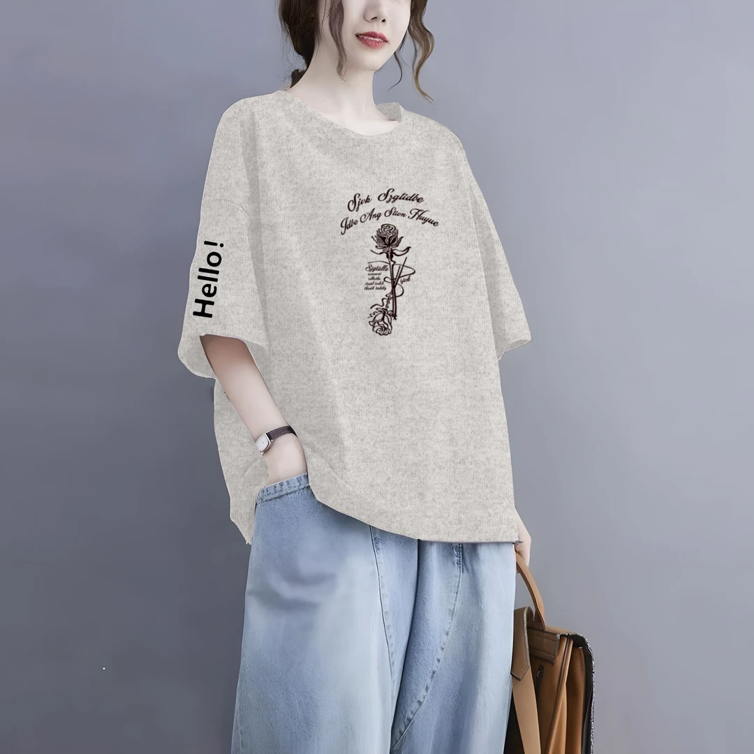 100%棉圆领短袖T恤女夏季大码显瘦宽松休闲百搭半袖洋气减龄上衣