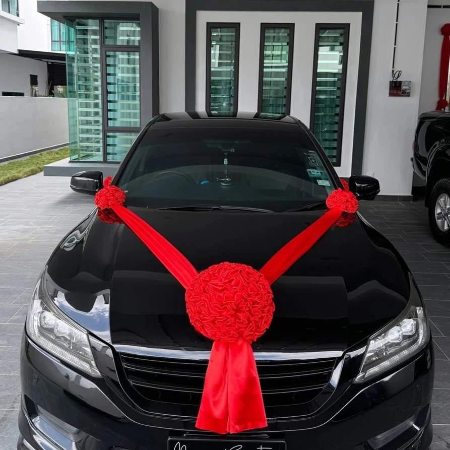 结婚婚车头车主婚车布置喜庆大红花球红绣球大红绸布