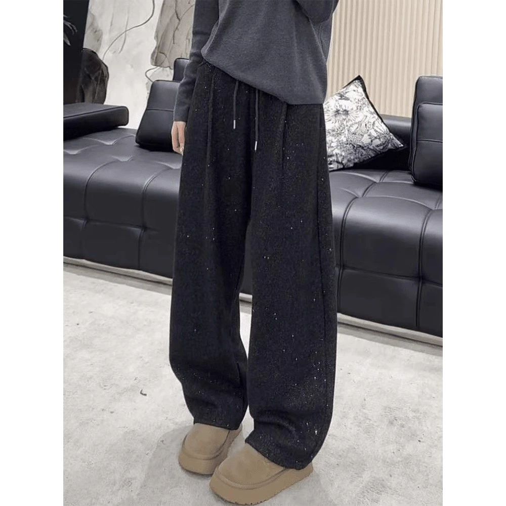 韩系慵懒风复古黑色高腰休闲卫裤女秋冬高级感加绒显瘦阔腿长裤子