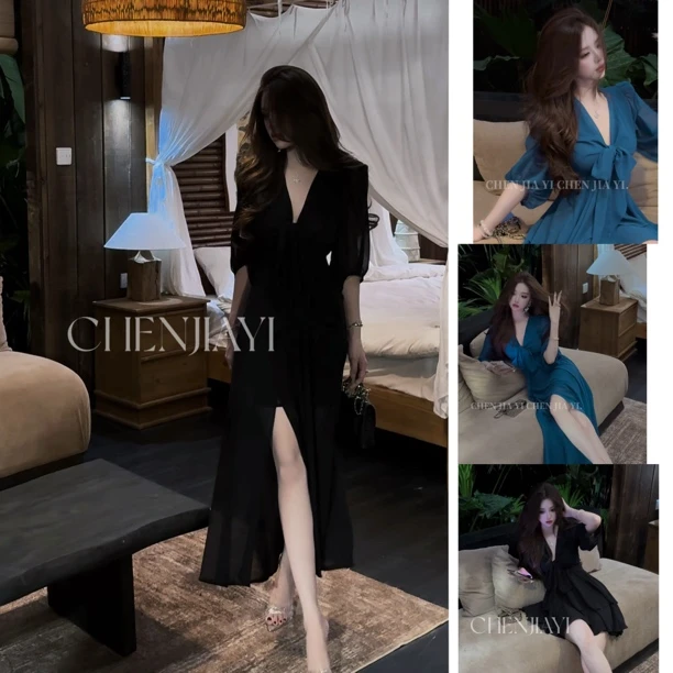 【JIAYI】古早千金超显白孔雀蓝气质绑带连衣裙