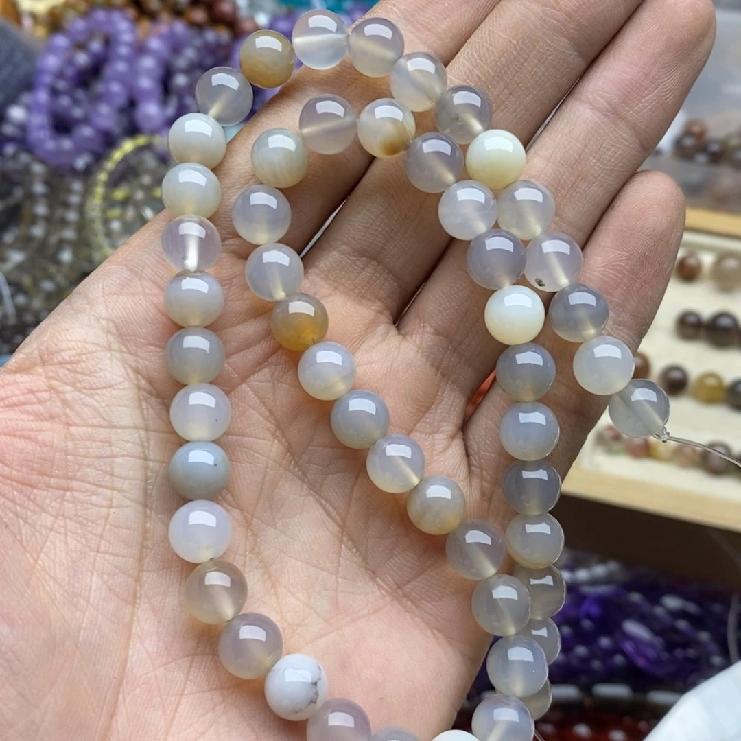 玛瑙/玉髓未镶嵌珠宝半成品一条天然8mm灰玛瑙圆珠A64