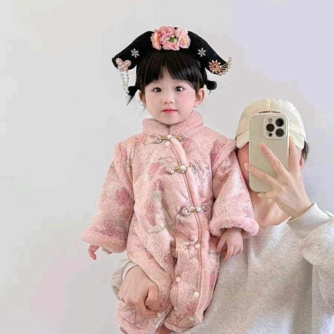 女童冬季衣服宝宝中国风加棉连体衣婴儿中式碎花爬服百天周岁礼服