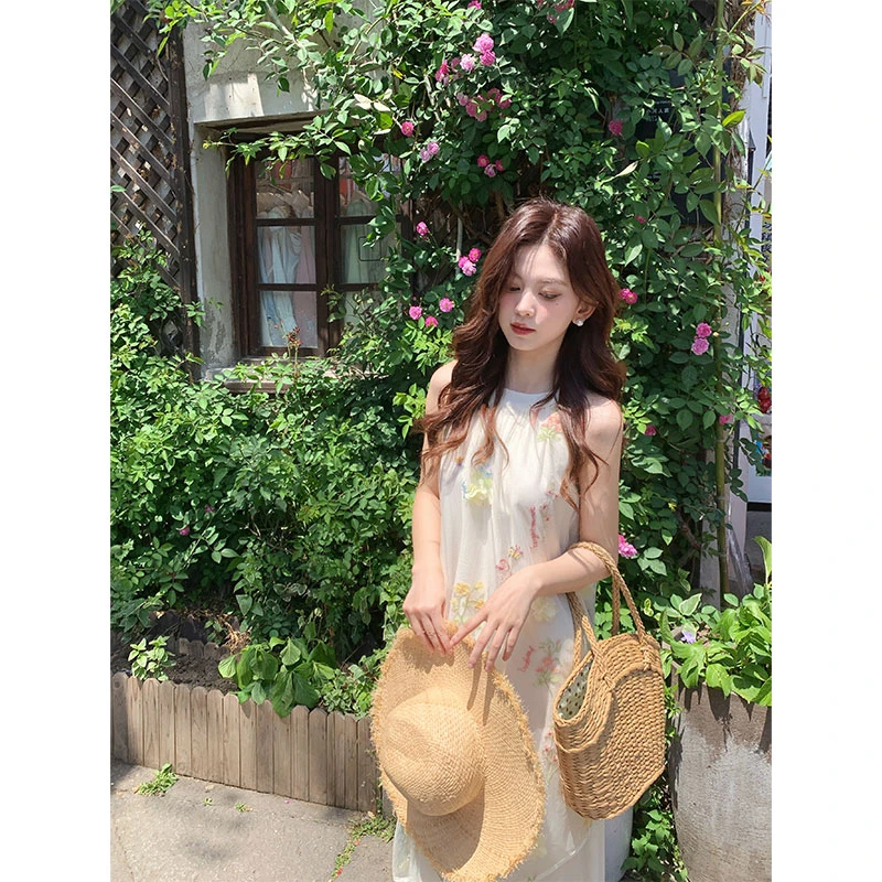 【花间精灵】法式网纱碎花挂脖长裙小众显瘦连衣裙DRC067