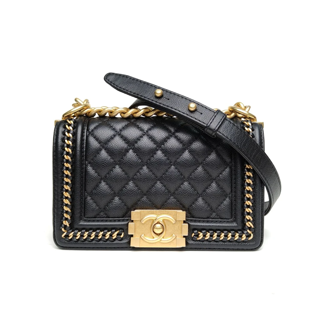 95新 Chanel/香奈儿 【黑黑】Leboy 小号 黑色 金扣 皮穿链滚边