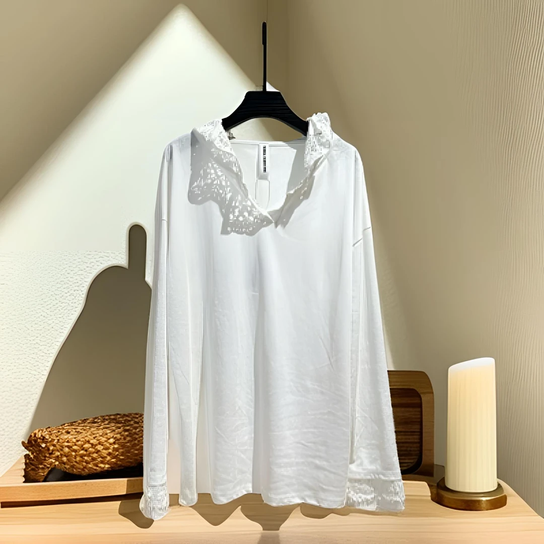 极简白色长款长袖女士INS风夏季百搭纯色风透气T恤连帽休闲休闲风