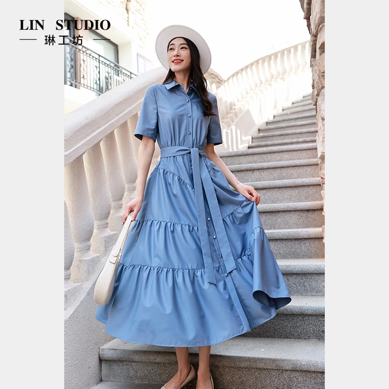 琳工坊"清欲"蓝色连衣裙优雅气质时尚简洁温柔复古春夏唐琳设计师