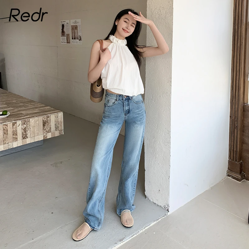 REDR美式复古水洗直筒牛仔裤女2025春夏新款高腰宽松百搭显瘦长裤