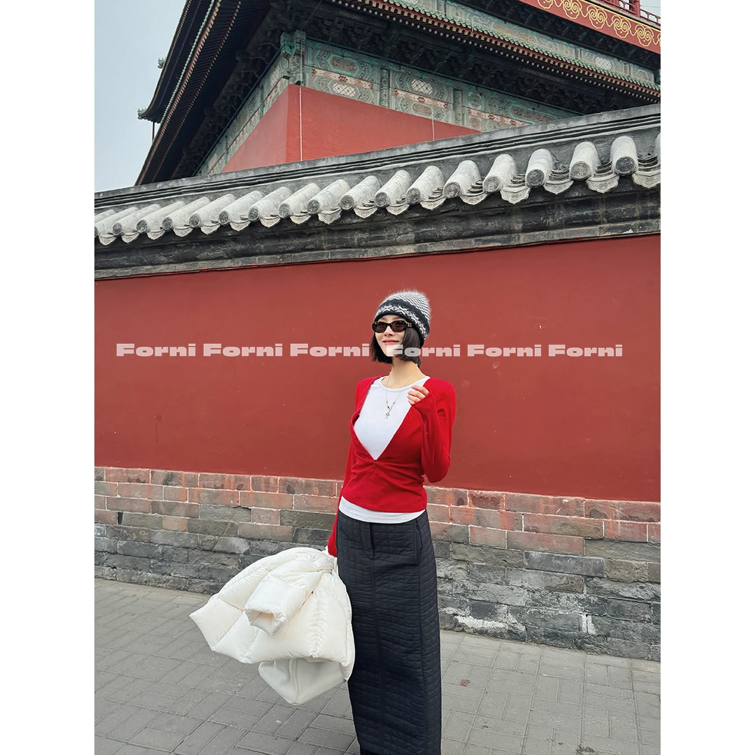 FORNI 绯闻女孩 深V领细拉链假两件t恤修身撞色上衣