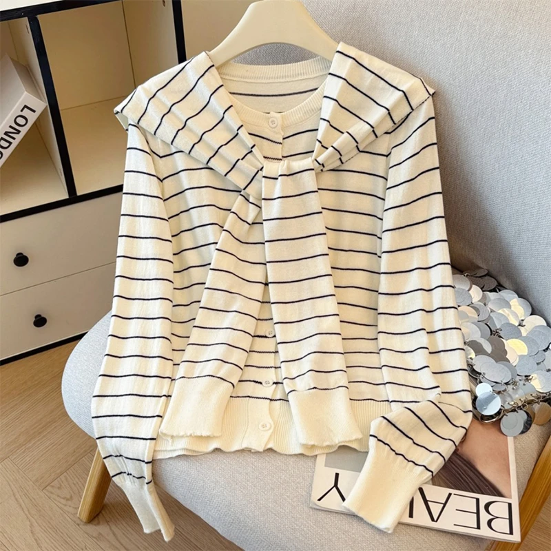 韩版条纹披肩两件套针织衫女2025秋季新款设计感洋气长袖T恤上衣