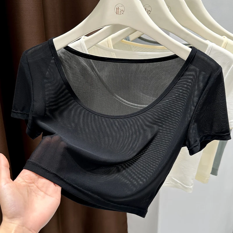 黑色短袖圆领T恤女夏季高腰2025新款冰丝透气网纱修身辣妹短上衣